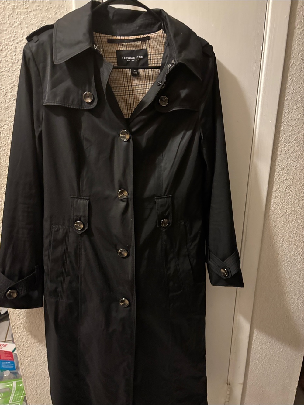 London Fog Black Long Trench Coat with Button Front